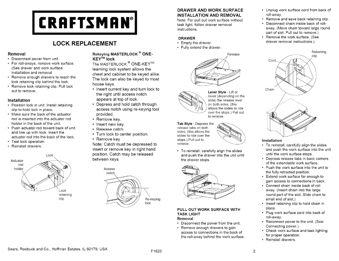 Craftsman 706.59669, 706.59668 owner manual Lock Replacement, Drawer and Work Surface Installation and Removal 