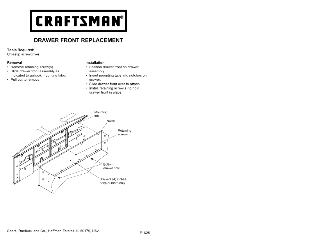 Craftsman 706.59669, 706.59668 owner manual Drawer Front Replacement, Indicated, Into 