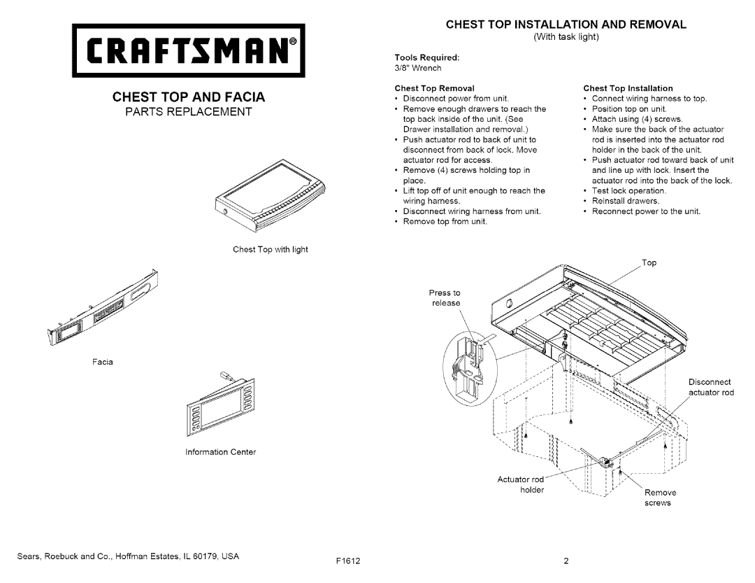 Craftsman 706.59669, 706.59668 owner manual Chest TOP and Facia, Tools Required, Chest Top Removal 