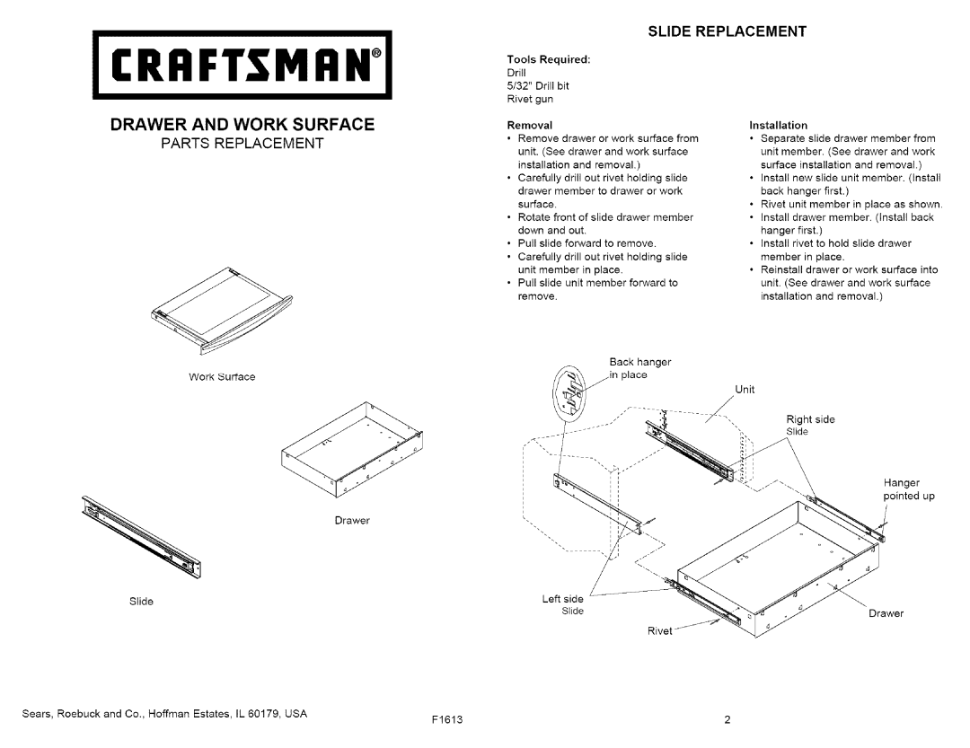 Craftsman 706.59668, 706.59669 owner manual Drawer and Work Surface, Drill Drill bit Rivet gun, Hanger pointed up 