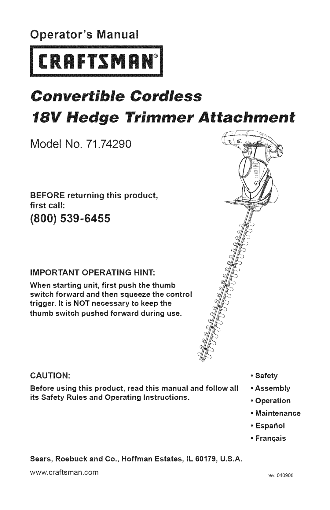 Craftsman 240.74290, 71.74290 operating instructions Operators Manual, Model No, Maintenance Espaol Franais 