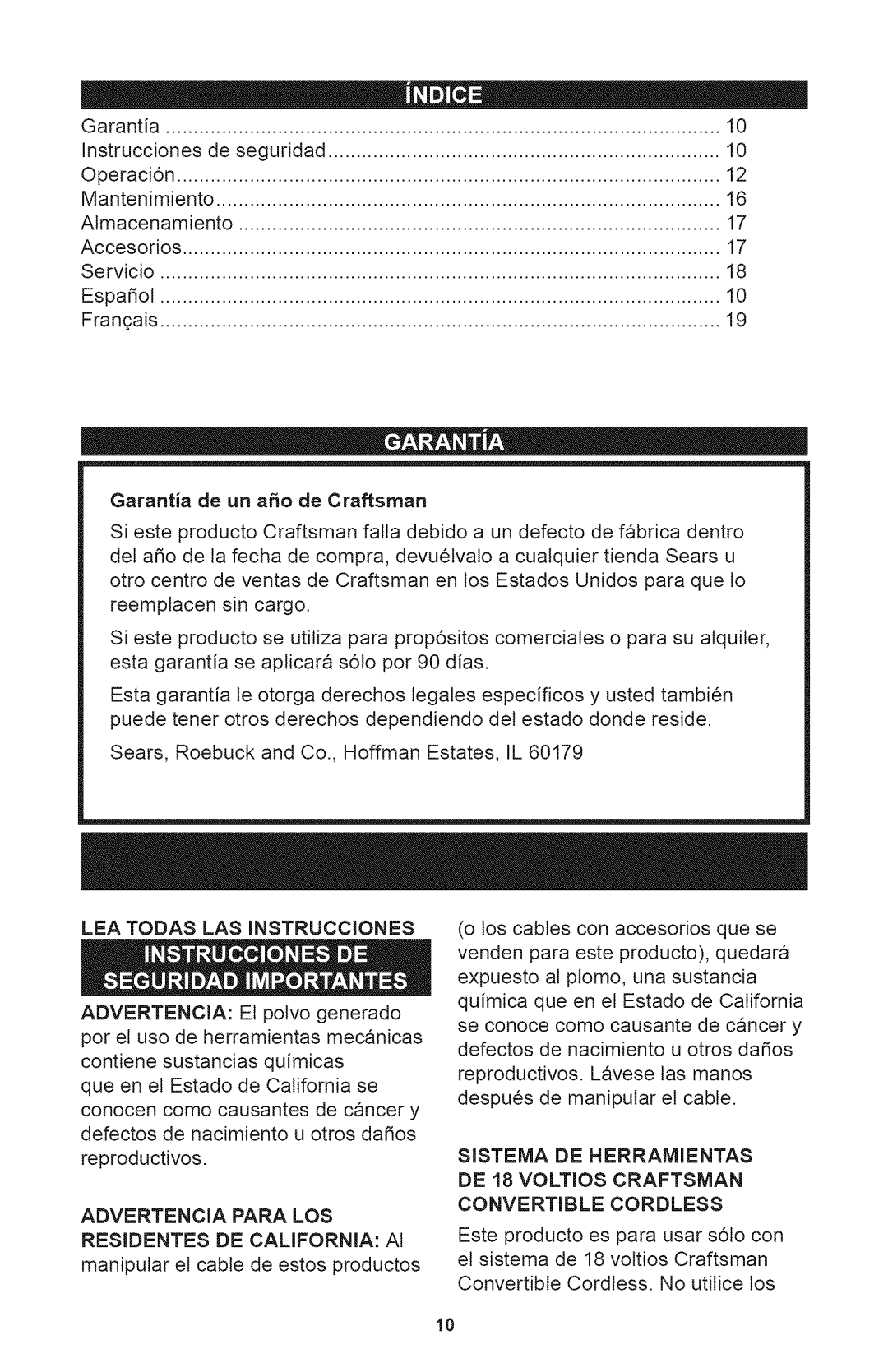 Craftsman 71.74290, 240.74290 operating instructions Garantia de un ao de Craftsman 