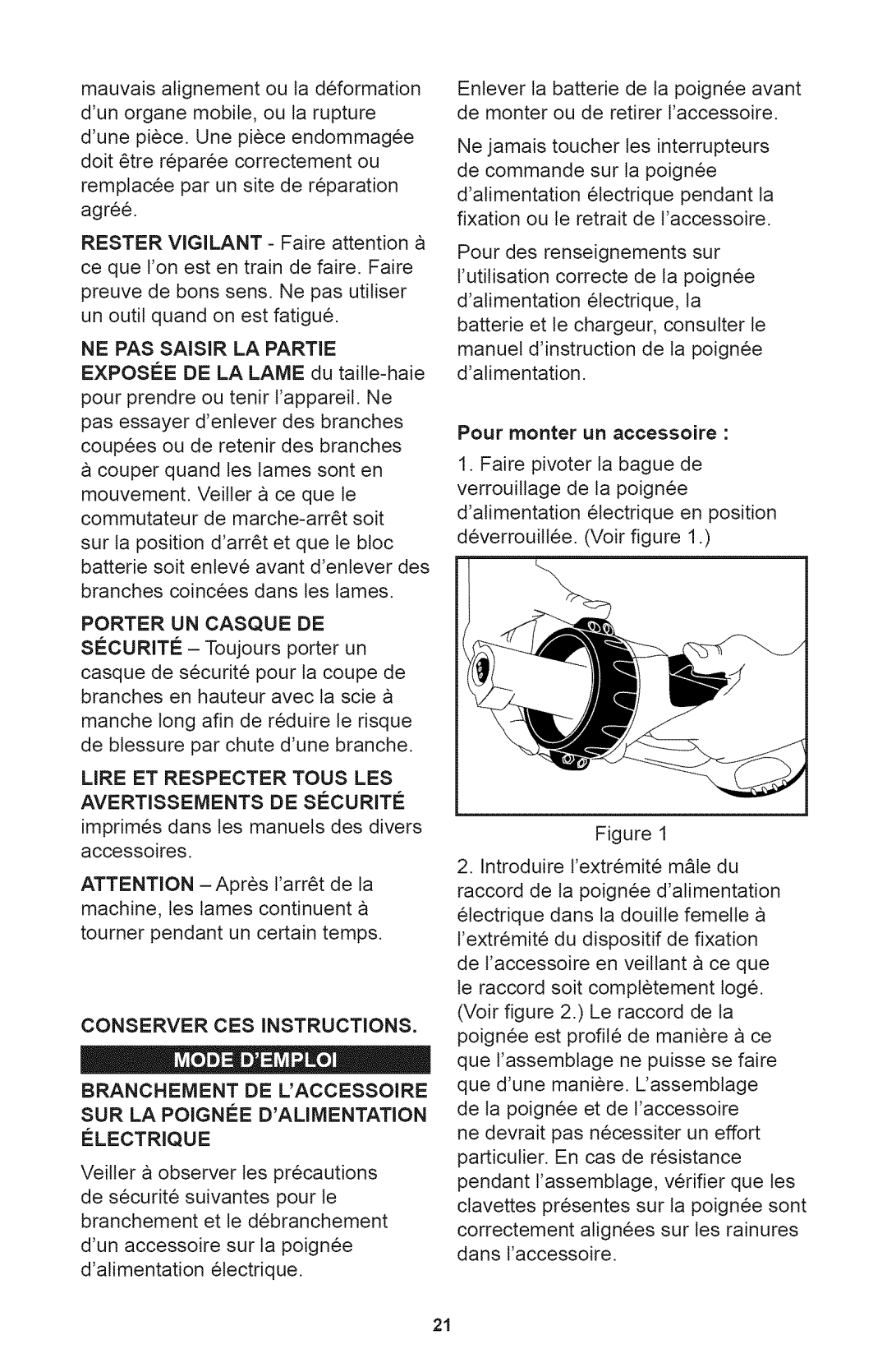 Craftsman 240.74290, 71.74290 operating instructions Branchement DE Laccessoire SUR LA POIGN#E Dalimentation, €Lectrique 