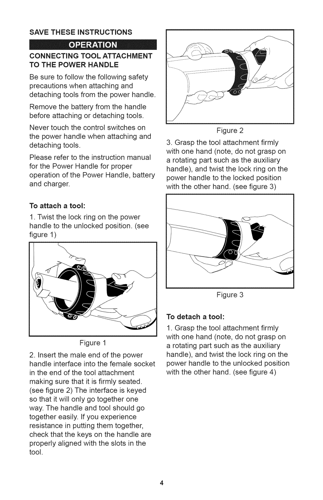 Craftsman 71.74290, 240.74290 operating instructions Connecting Tool Attachment to the Power Handle, To detach a tool 