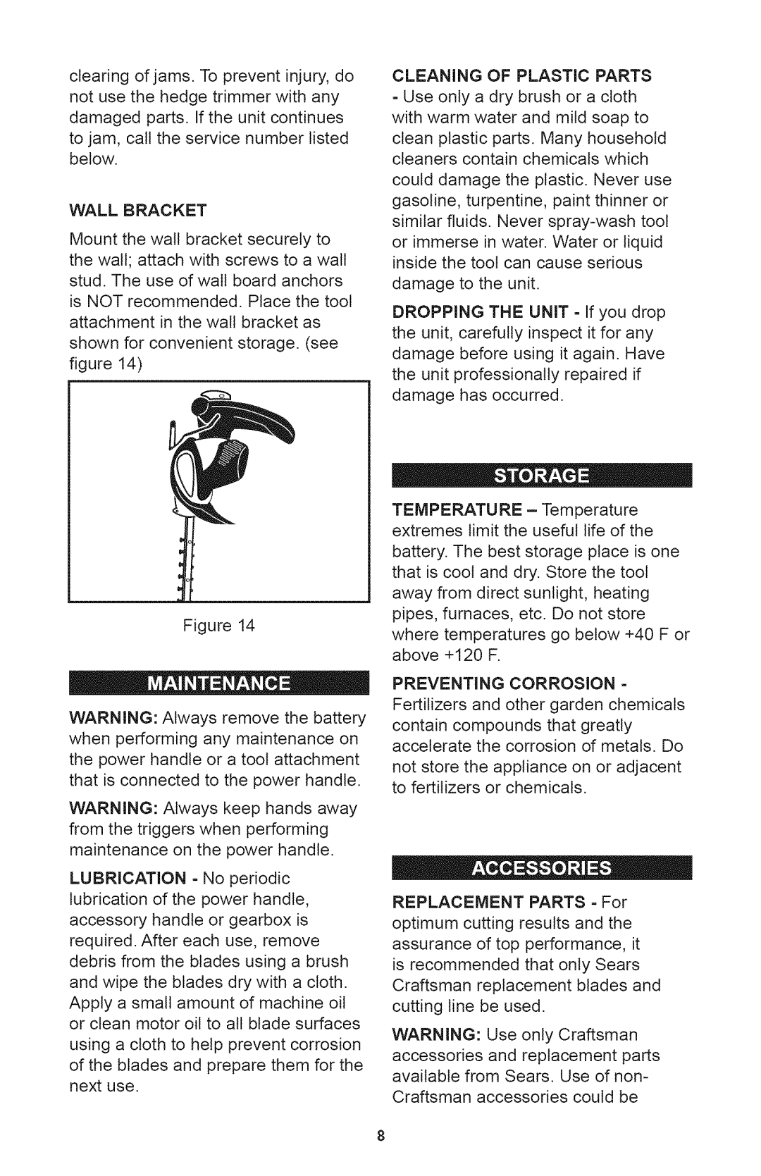 Craftsman 71.74290, 240.74290 operating instructions Wall Bracket, Cleaning of Plastic Parts 