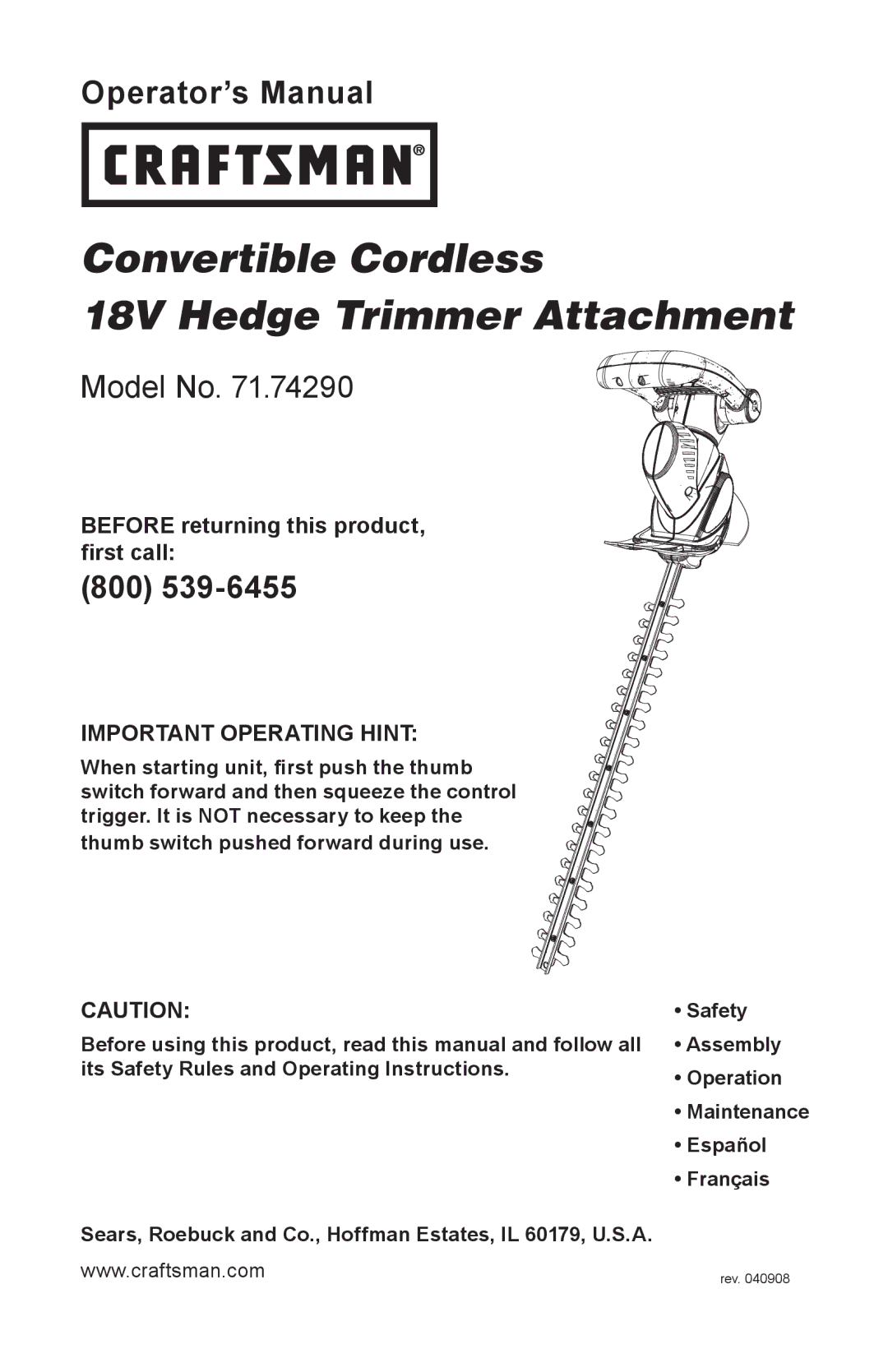 Craftsman 71.74291 operating instructions Convertible Cordless 18V Hedge Trimmer Attachment 