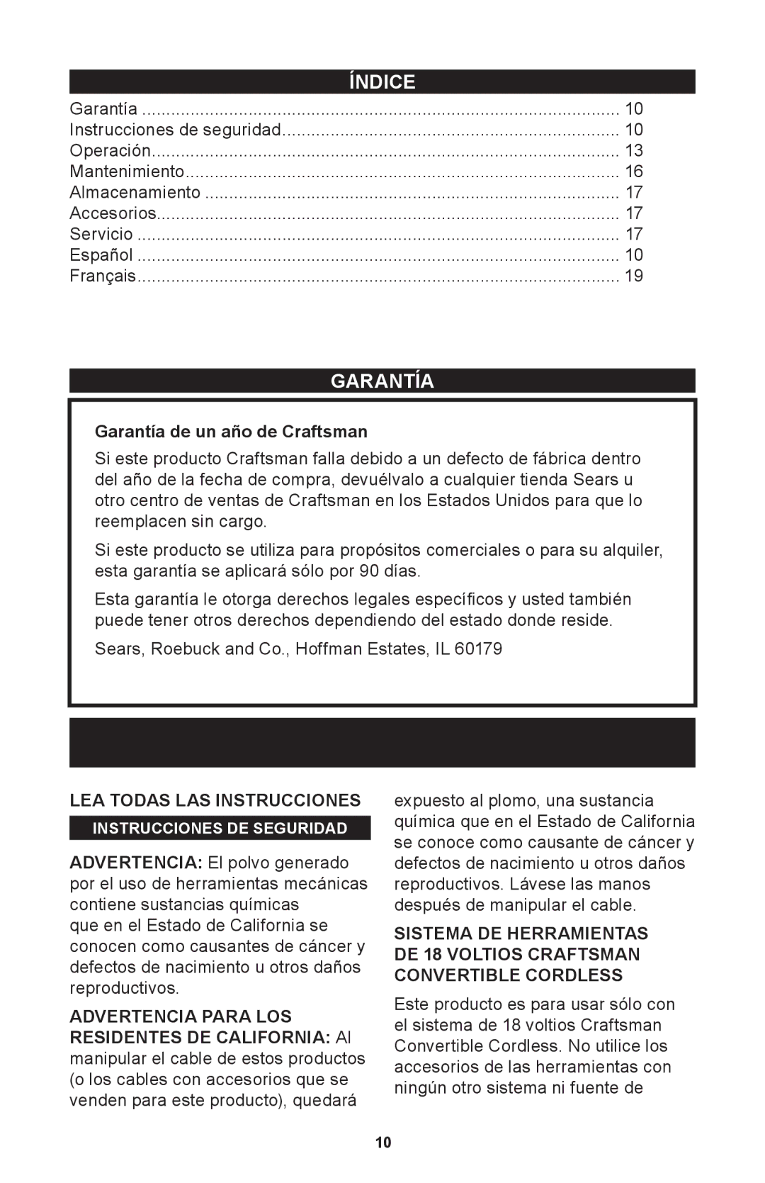 Craftsman 71.74291 operating instructions Índice, Garantía de un año de Craftsman 