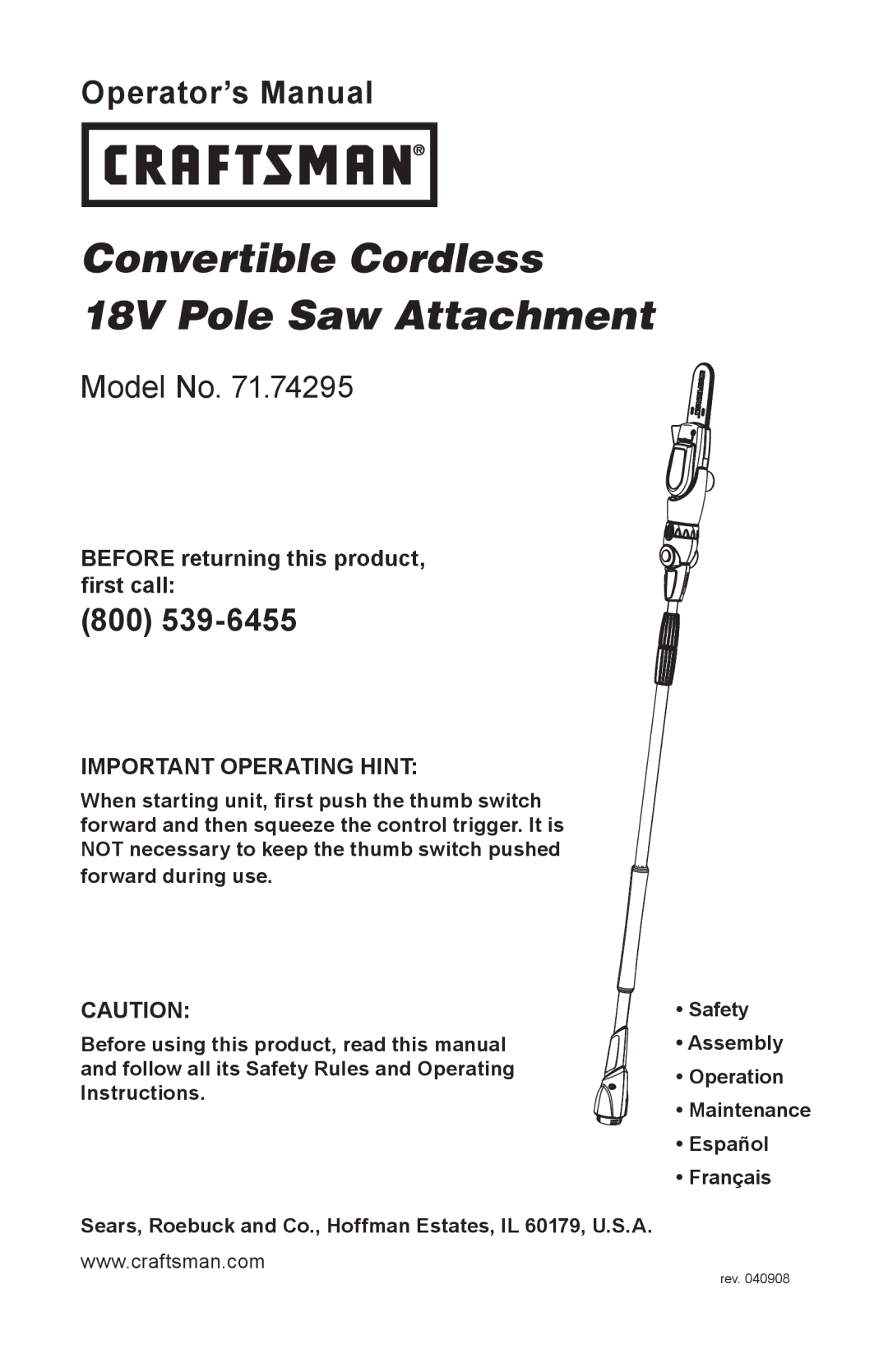 Craftsman 71.74291 operating instructions Convertible Cordless 18V Pole Saw Attachment 