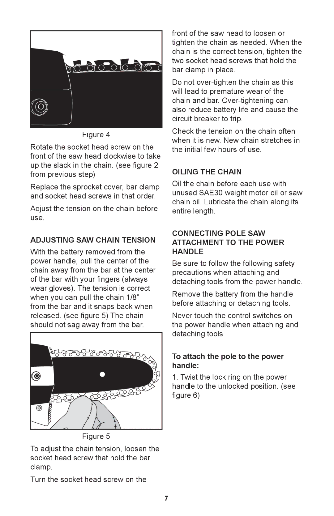 Craftsman 71.74291 Adjusting SAW Chain Tension, Oiling the Chain, Connecting Pole SAW Attachment to the Power Handle 