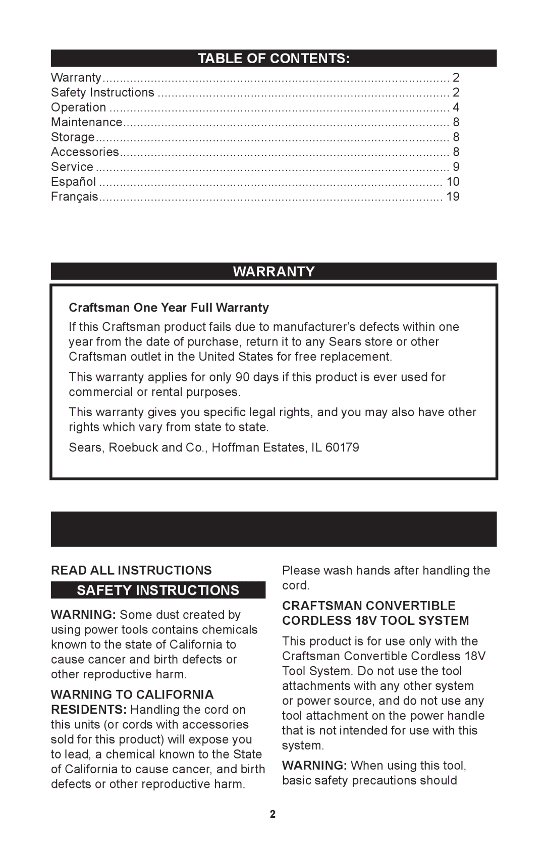 Craftsman 71.74291 operating instructions Table of Contents 