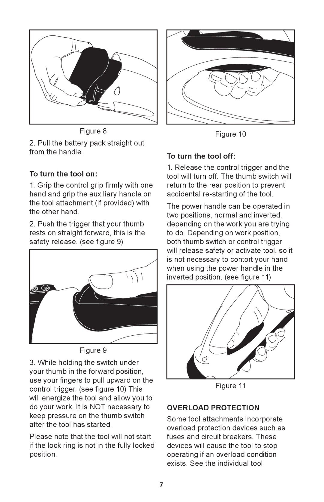 Craftsman 71.74291 operating instructions To turn the tool on, To turn the tool off, Overload Protection 