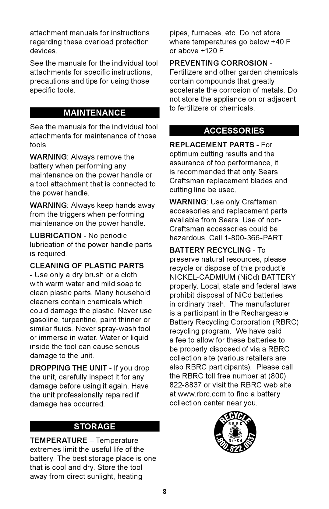 Craftsman 71.74291 operating instructions Maintenance, Cleaning of Plastic Parts 