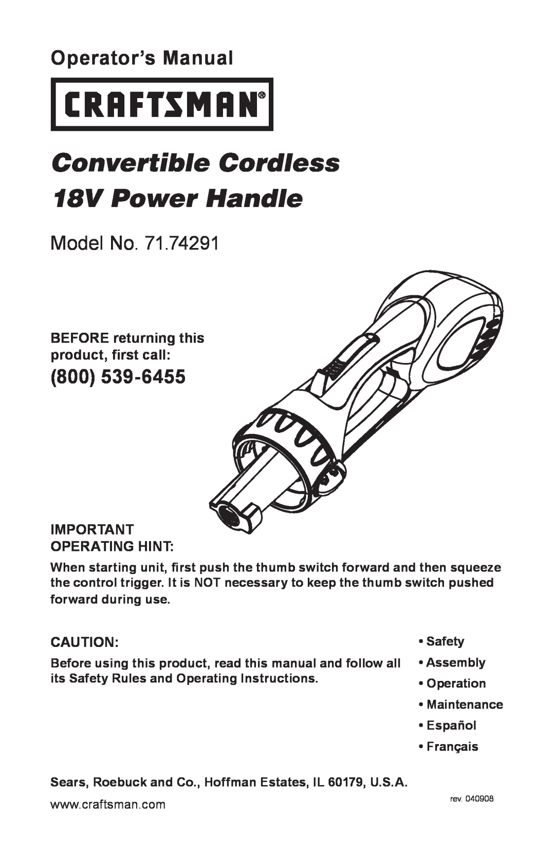 Craftsman 71.74291 operating instructions Convertible Cordless 18V Power Handle, Operator’s Manual, Model No 