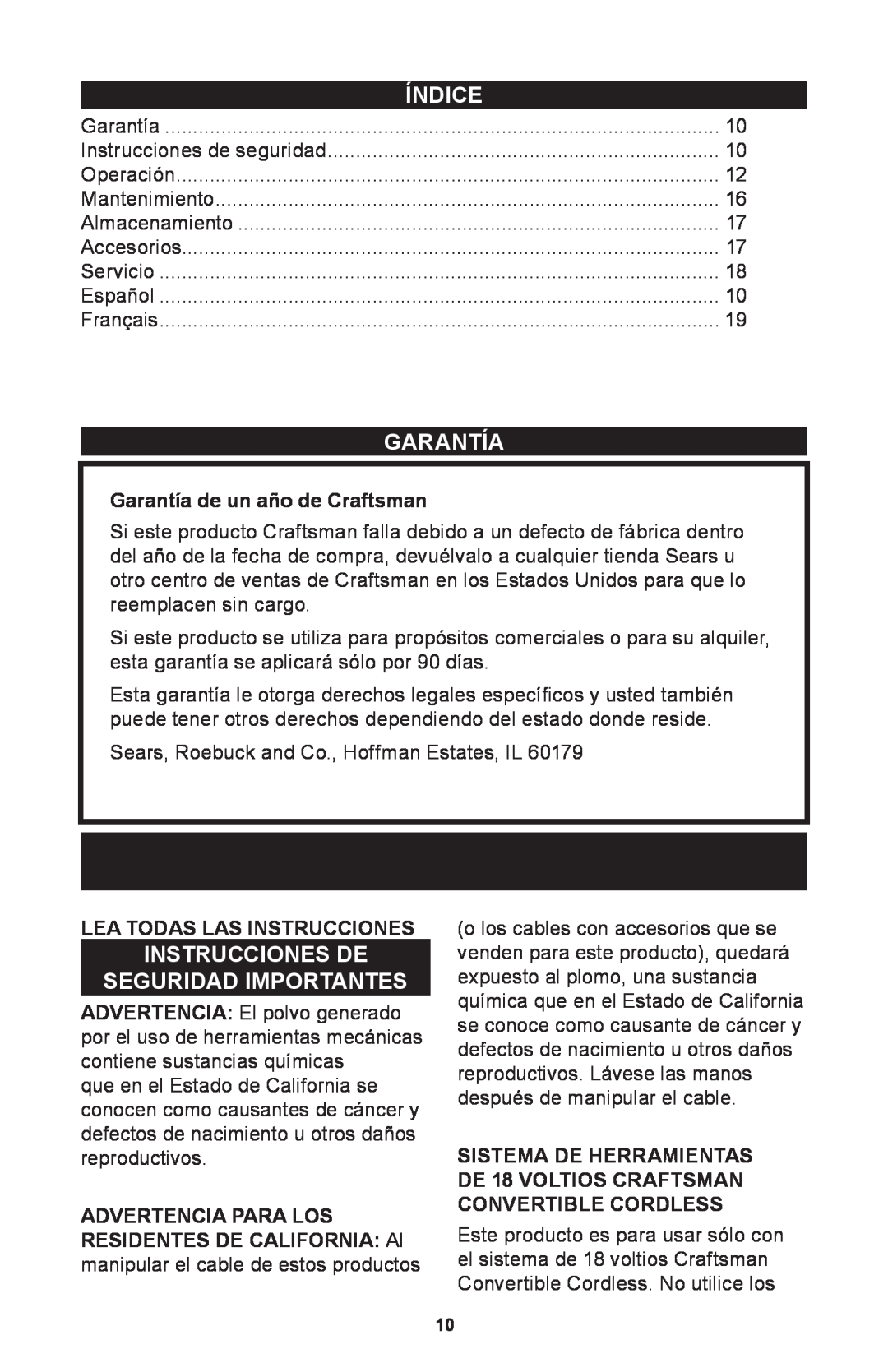 Craftsman 71.74291 operating instructions Instrucciones De Seguridad Importantes, Índice, Garantía 
