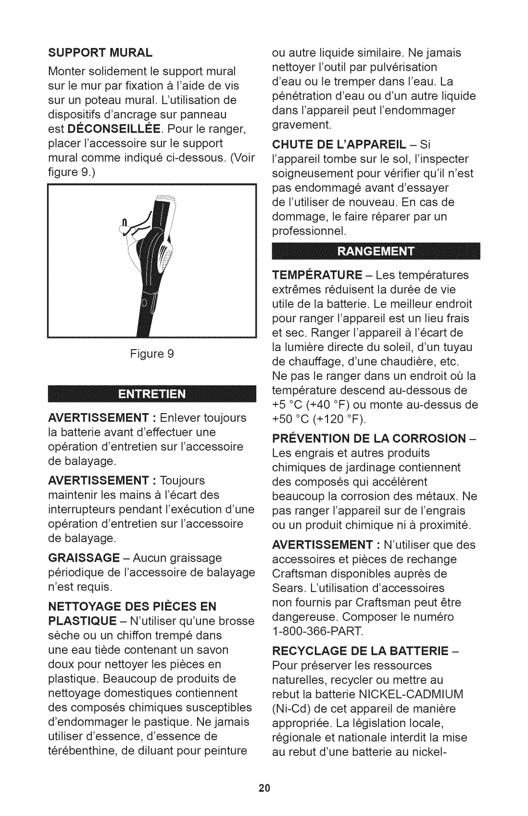 Craftsman 71.74291, 71.74292, 24074292 manual Support Mural, Nettoyage DES Pieces EN 