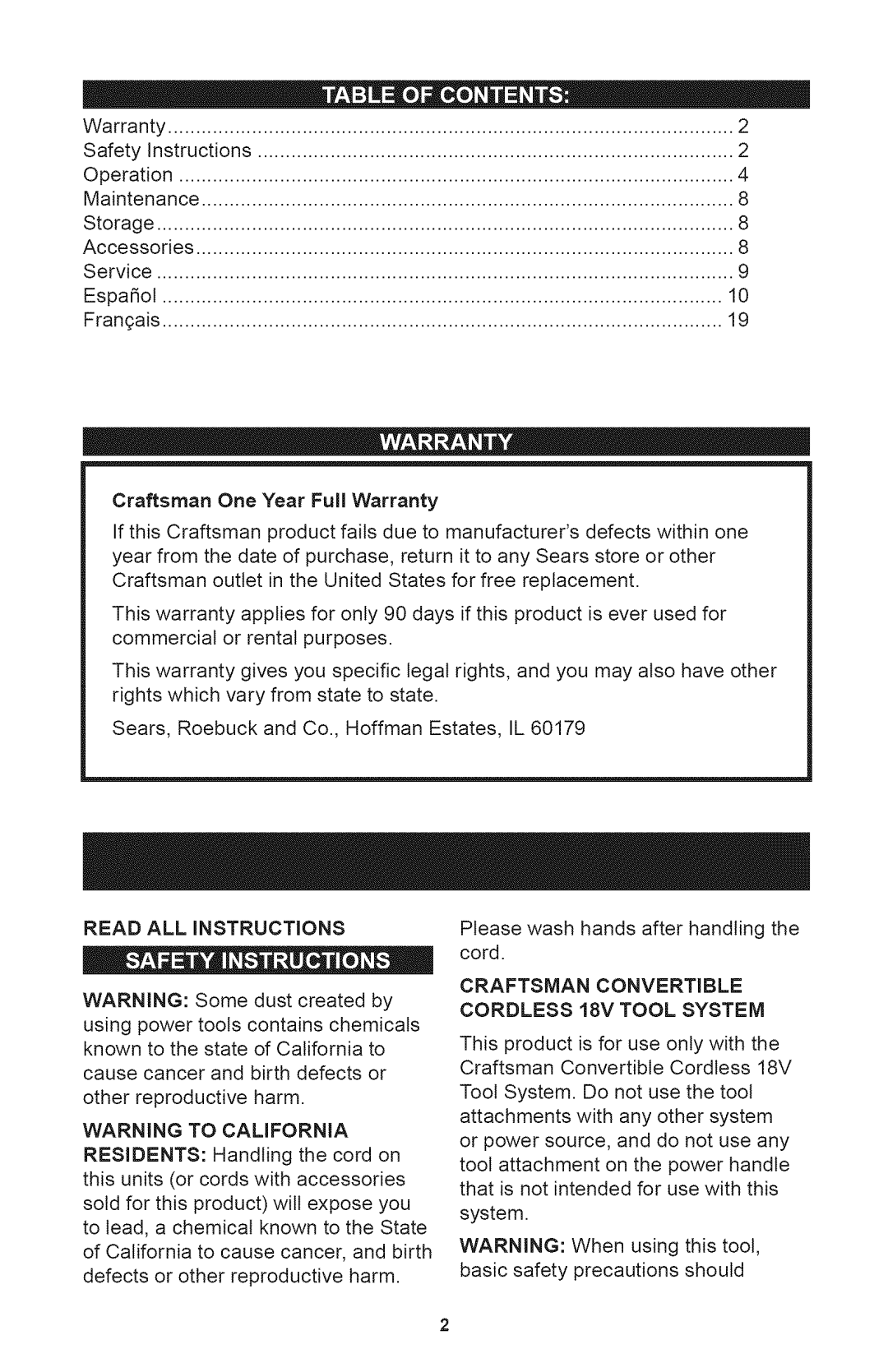 Craftsman 71.74295, 240.74295 operating instructions Read ALL Instructions, Craftsman Convertible Cordless 18V Tool System 