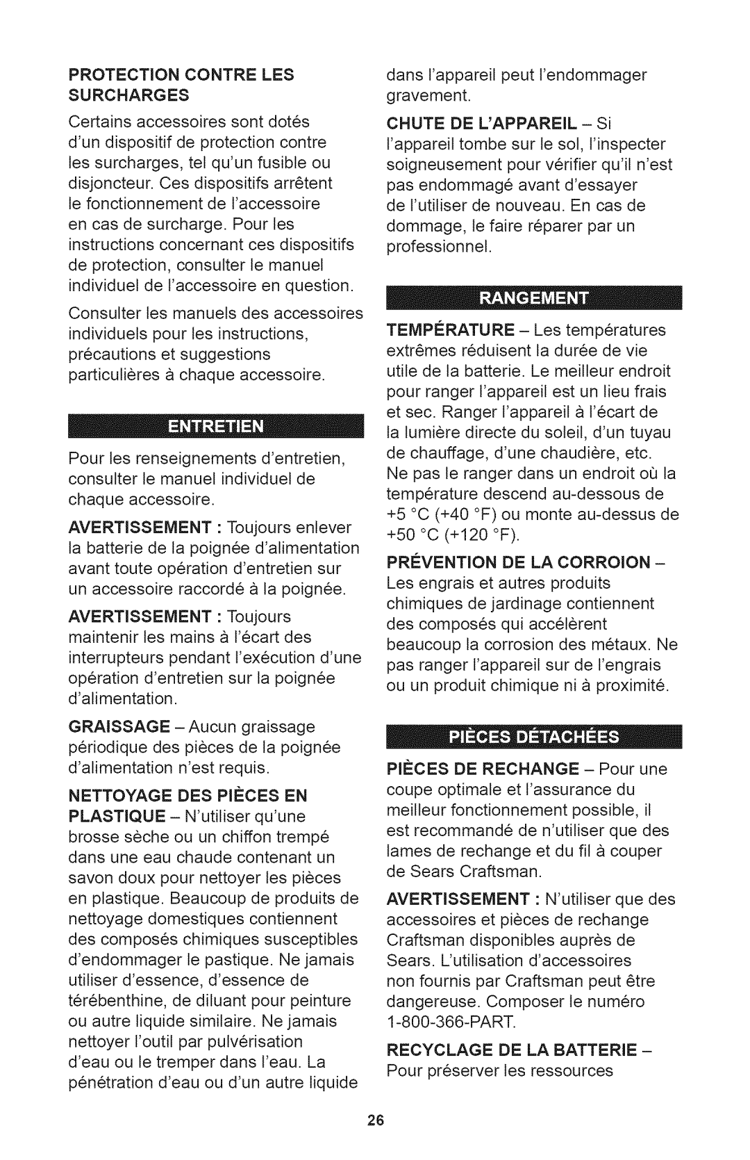 Craftsman 71.74295, 240.74295 operating instructions Protection Contre LES Surcharges, Nettoyage DES Pifces EN 