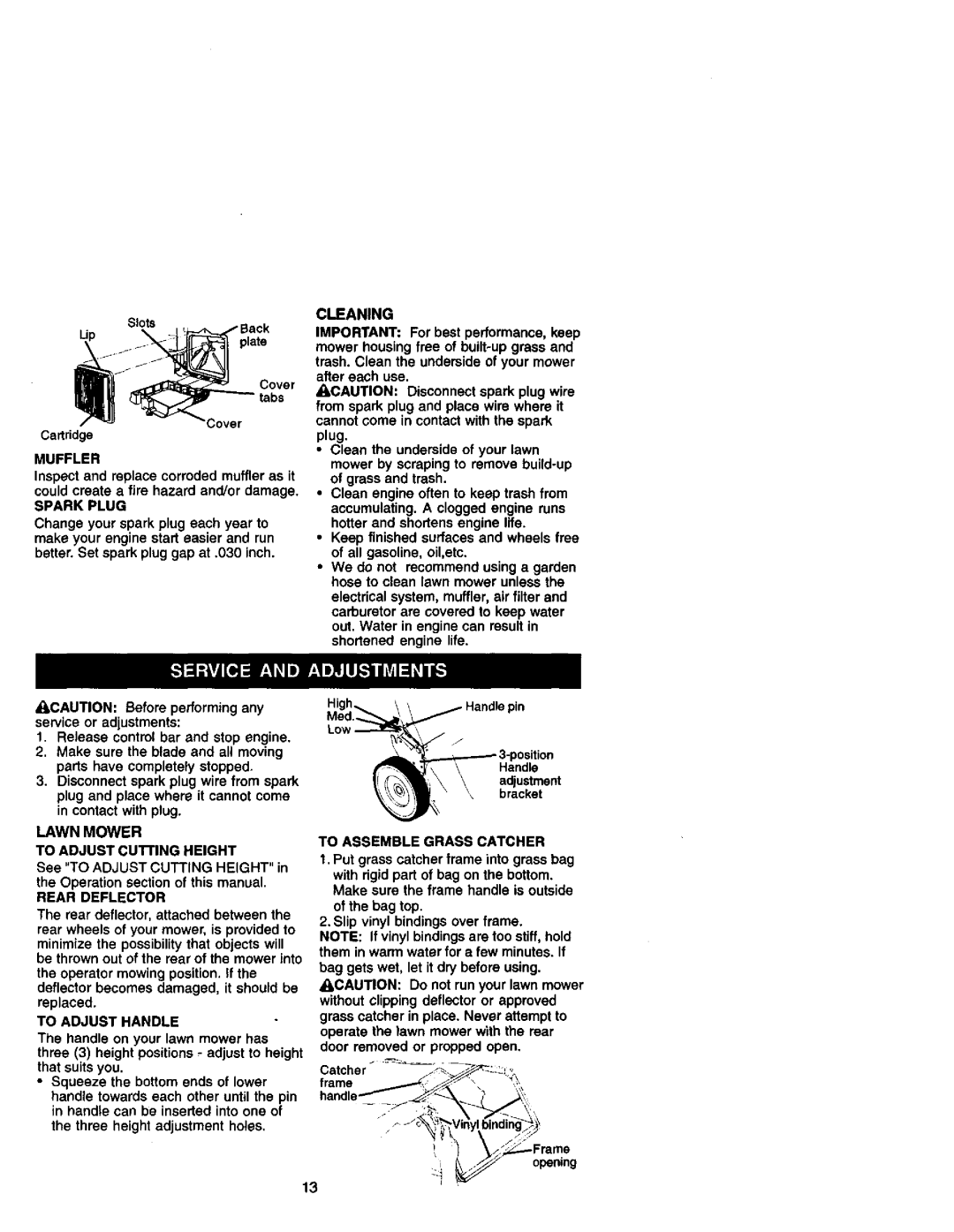 Craftsman 388, 731 Muffler, Spark Plug, Lawn Mower To Adjust CUI-FING Height, Rear Deflector, To Adjust Handle, Cleaning 