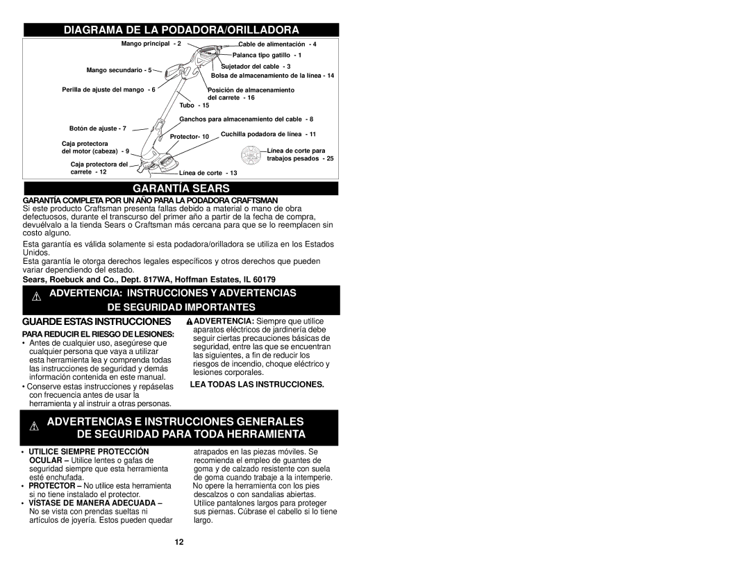 Craftsman 74528 instruction manual Diagrama DE LA PODADORA/ORILLADORA, Garantía Sears, LEA Todas LAS Instrucciones 