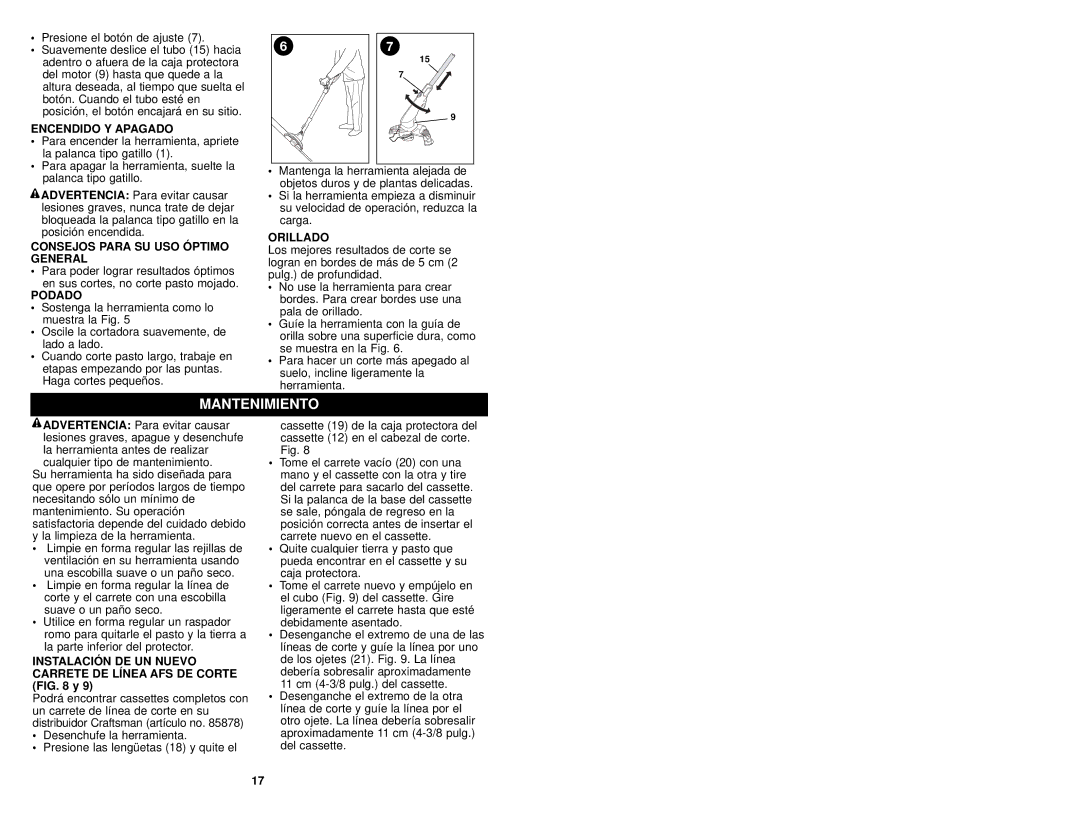 Craftsman 74528 instruction manual Encendido Y Apagado, Consejos Para SU USO Óptimo General, Podado, Orillado 