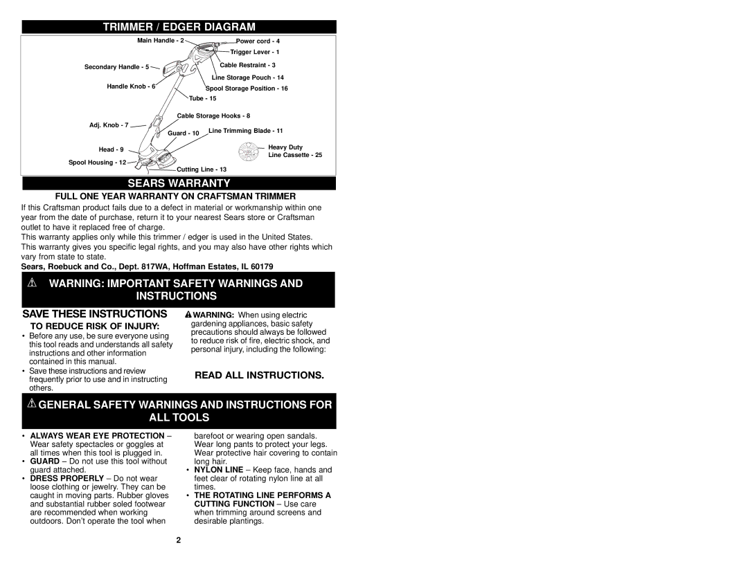 Craftsman 74528 Trimmer / Edger Diagram, Sears Warranty, Instructions, Full ONE Year Warranty on Craftsman Trimmer 