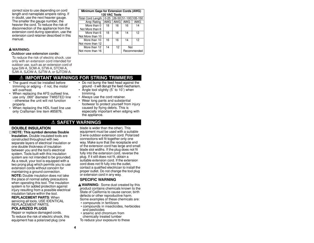 Craftsman 74528 instruction manual Important Warnings for String Trimmers, Safety Warnings, Specific Warning 