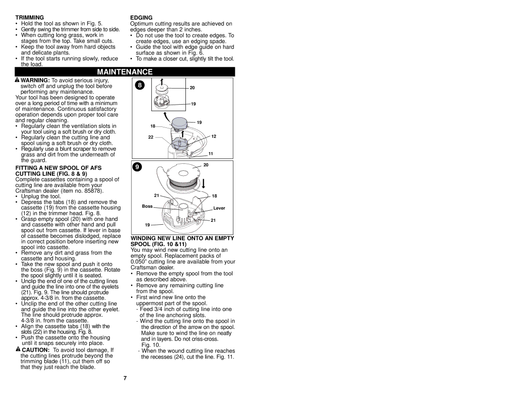 Craftsman 74528 instruction manual Maintenance, Trimming, Edging, Fitting a NEW Spool of AFS Cutting Line 