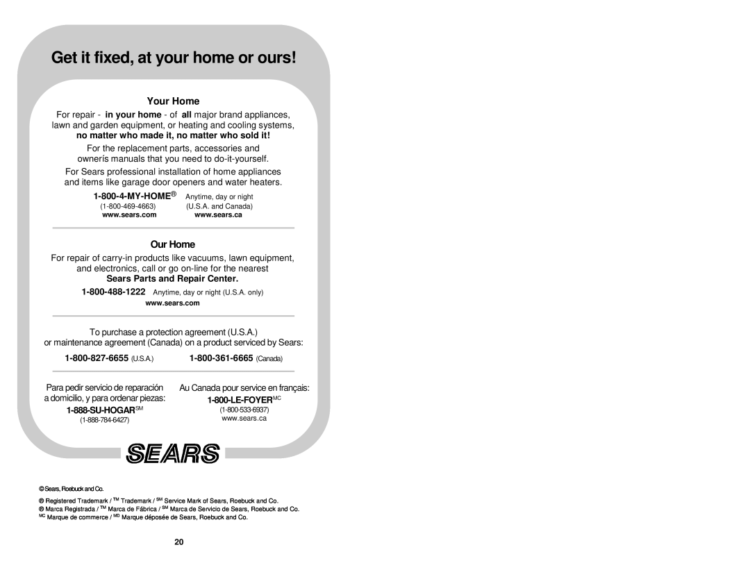 Craftsman 74528 instruction manual Your Home, Our Home, Sears Parts and Repair Center, Su-Hogarsm, Le-Foyermc 