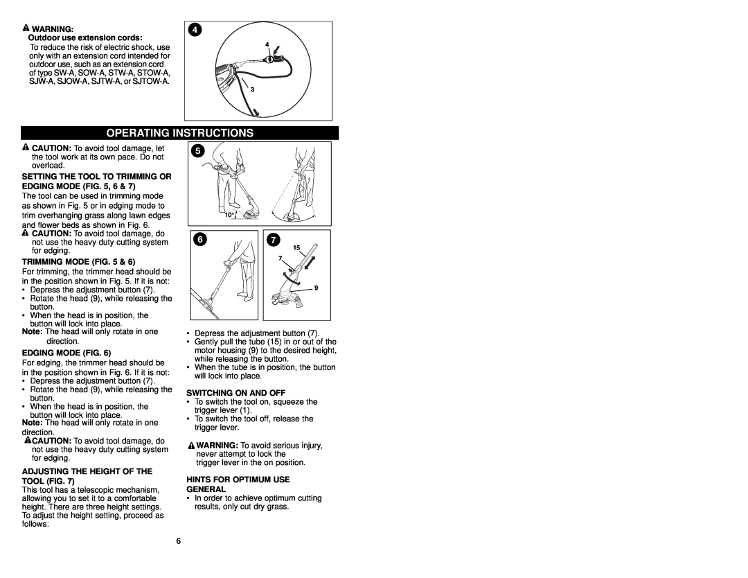 Craftsman 74528 Operating Instructions, Outdoor use extension cords, SETTING THE TOOL TO TRIMMING OR EDGING MODE , 6 