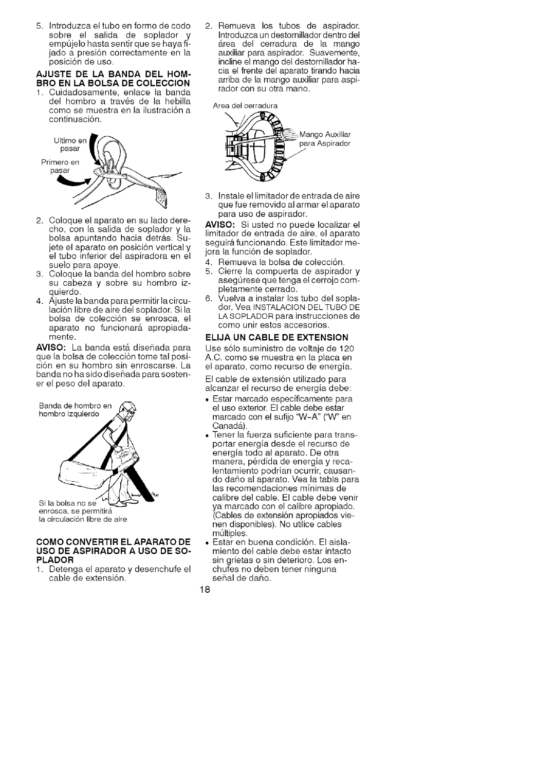 Craftsman 74822 manual Ajuste DE LA Banda DEL HOM- BRO EN LA Bolsa DE Coleccion, Elija UN Cable DE Extension 