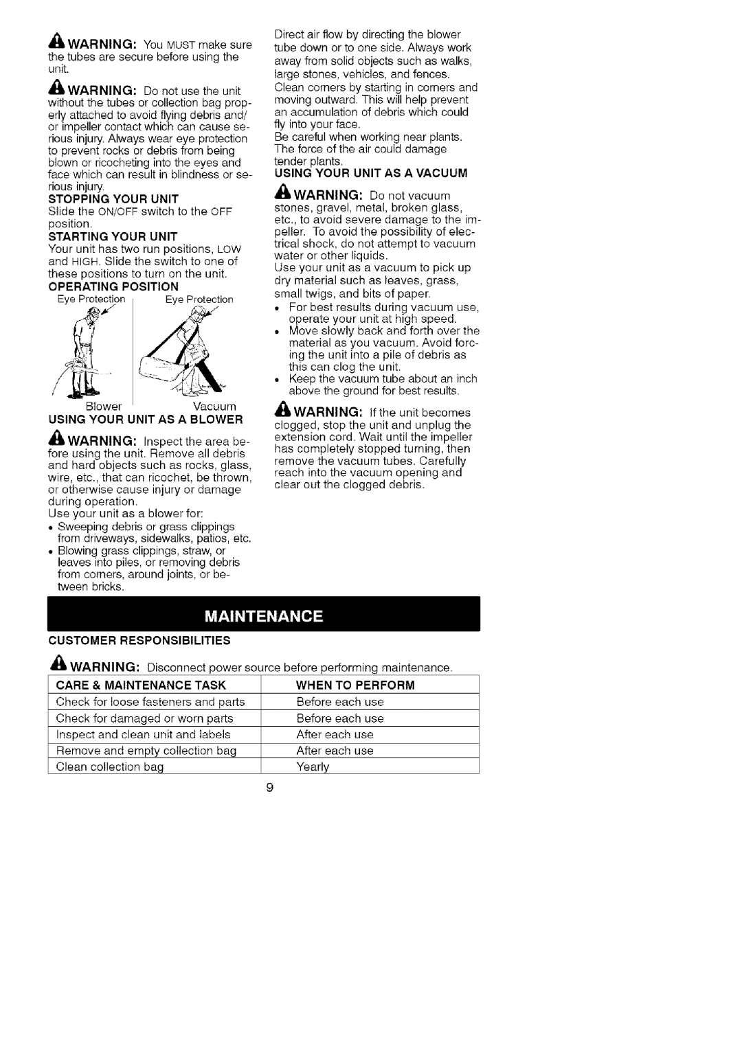 Craftsman 74822 manual Stopping Your Unit, Responsibilities, Maintenance Task 