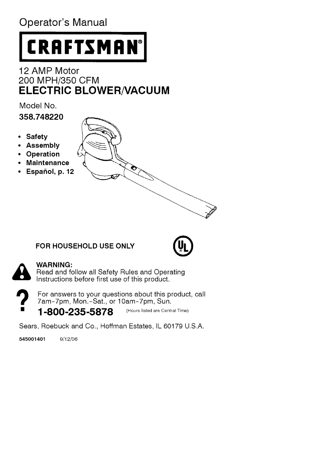 Craftsman manual I CRRFTglVlRNI, Operators Manual, Electric Blowernacuum, Model No, 358.748220, •Safety •Assembly 