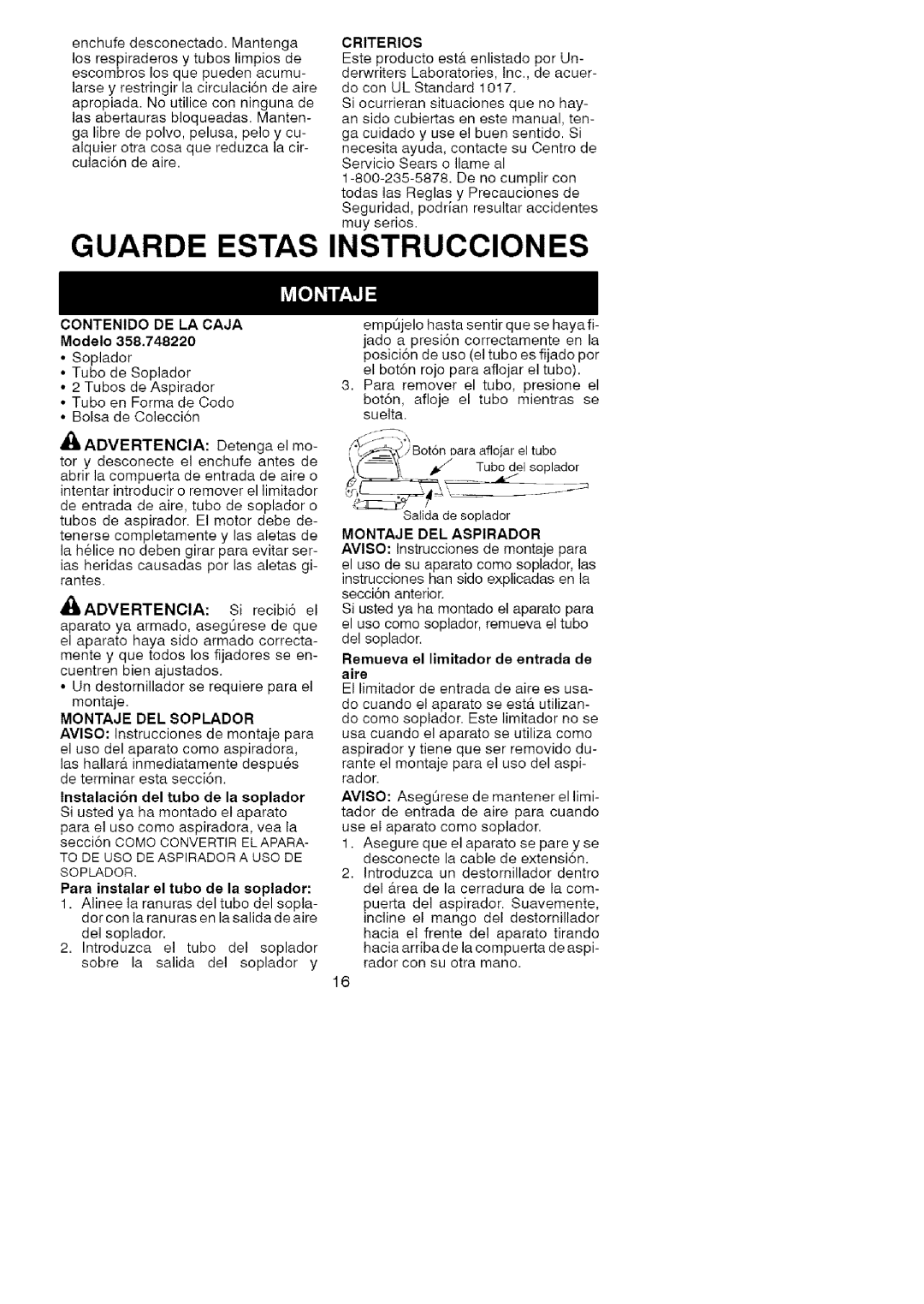 Craftsman 74822 manual Guarde Estas, Instrucciones, Tubodesoplador, CONTENIDO DE LA CAJA Modelo, Montaje Del Soplador 