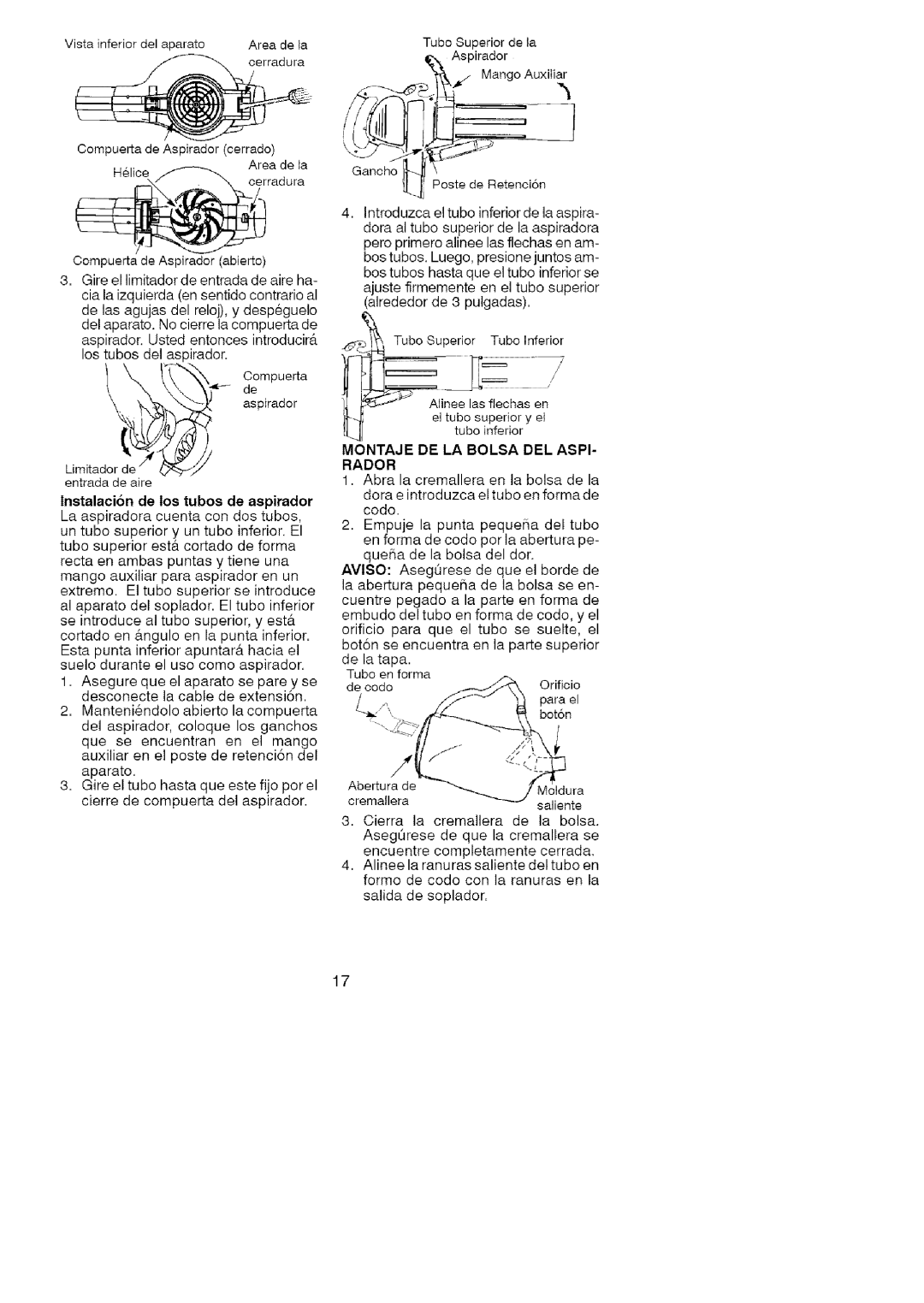 Craftsman 74822 manual ro do,a, Vistainferiordelaparato Areadela, i,I,111N IfI, lnstalacion de los tubos de aspirador 