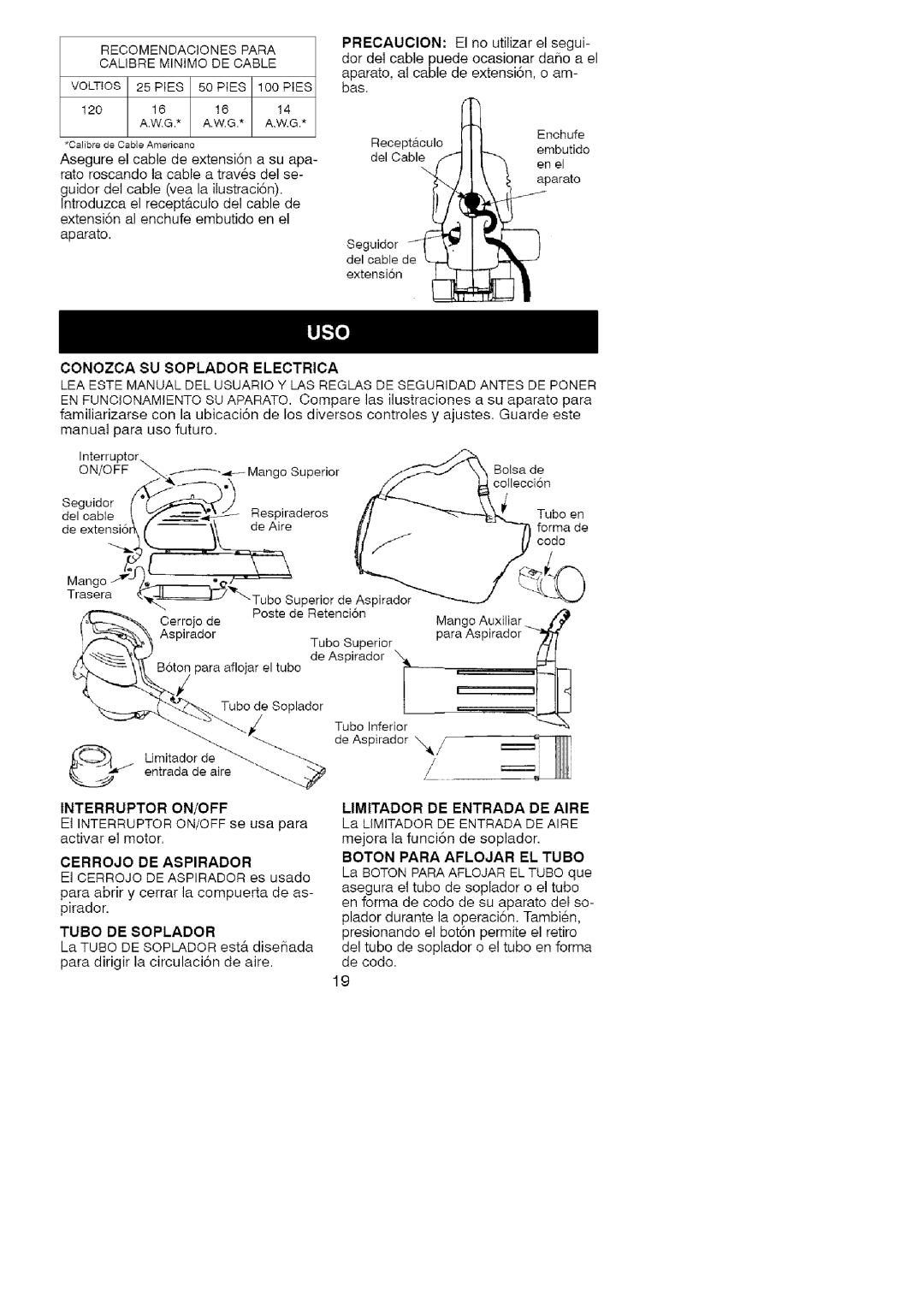 Craftsman 74822 manual Recomendacionespara Calibreminimodecable, Cerrojo De Aspirador, Limitador De Entrada De Aire 