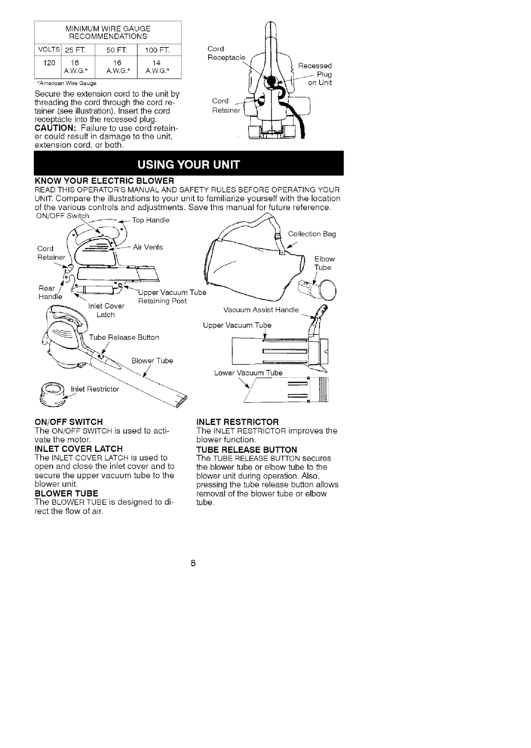 Craftsman 74822 manual Minimumwiregauge Recommendations, Know Your Electric Blower, Inlet Restrictor, Tube Release Button 