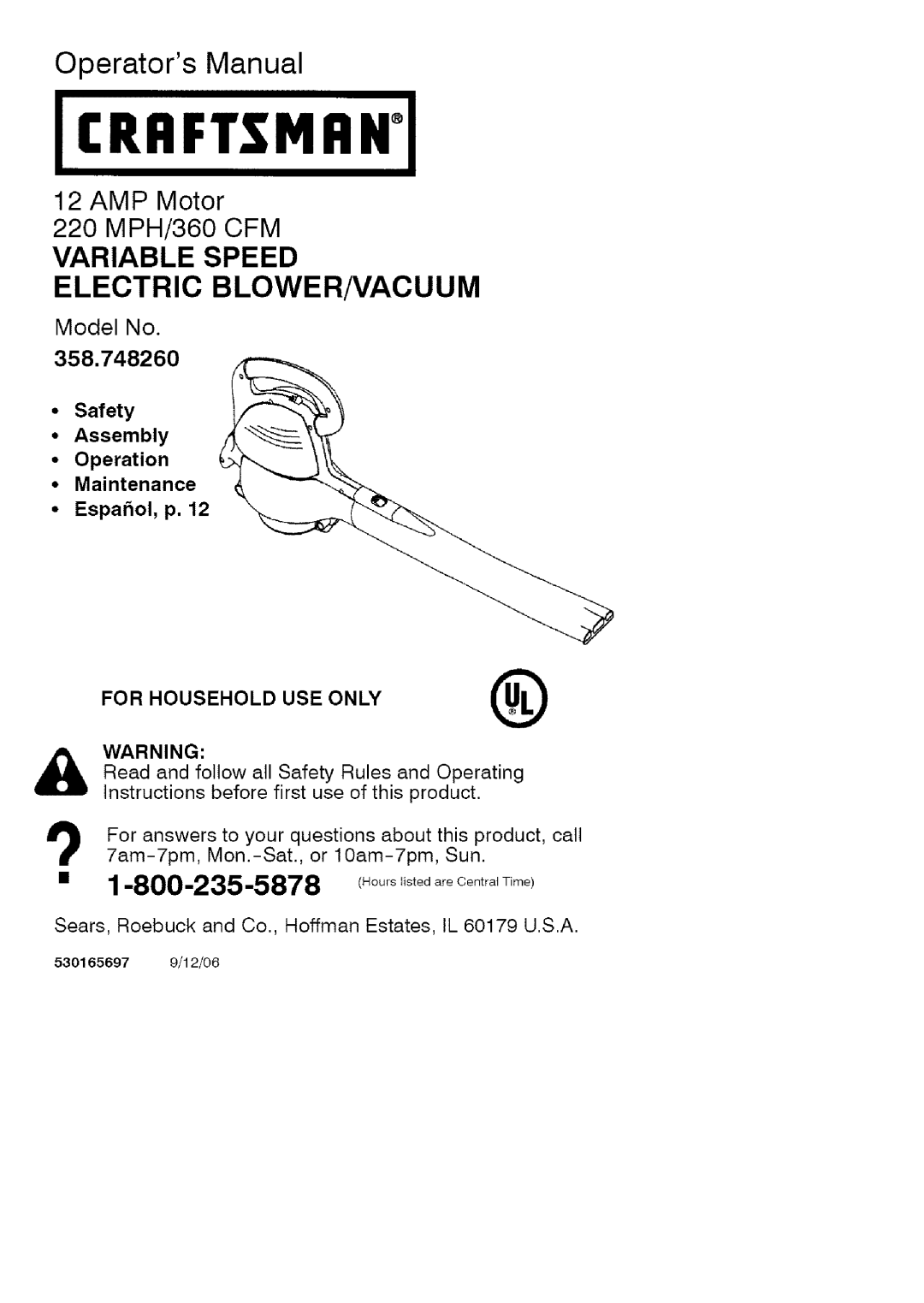 Craftsman 358.748260 manual CRRFTglVlRNI, AMP Motor 220 MPH/360 CFM 