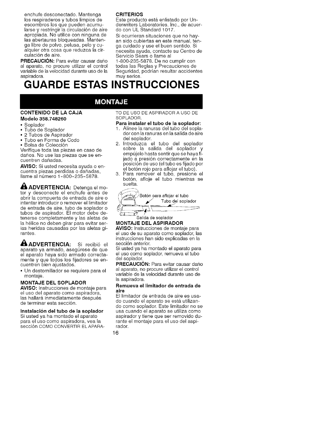 Craftsman 358.748260 Guarde Estas, Instrucciones, Contenido DE LA Caja, Montaje DEL Soplador, Montaje DEL Aspirador 