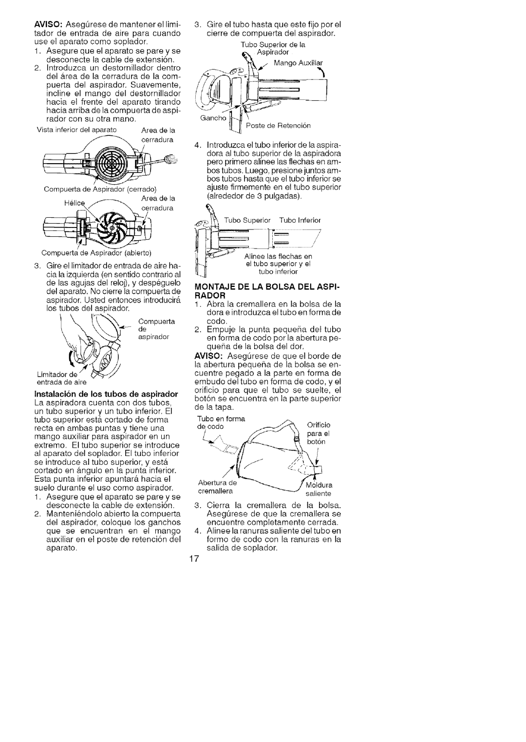 Craftsman 358.748260 manual Useelaparatocomesoplador, Radorconsuotramano, Helice Areadela Oerradura, Lostubosdelaspirador 