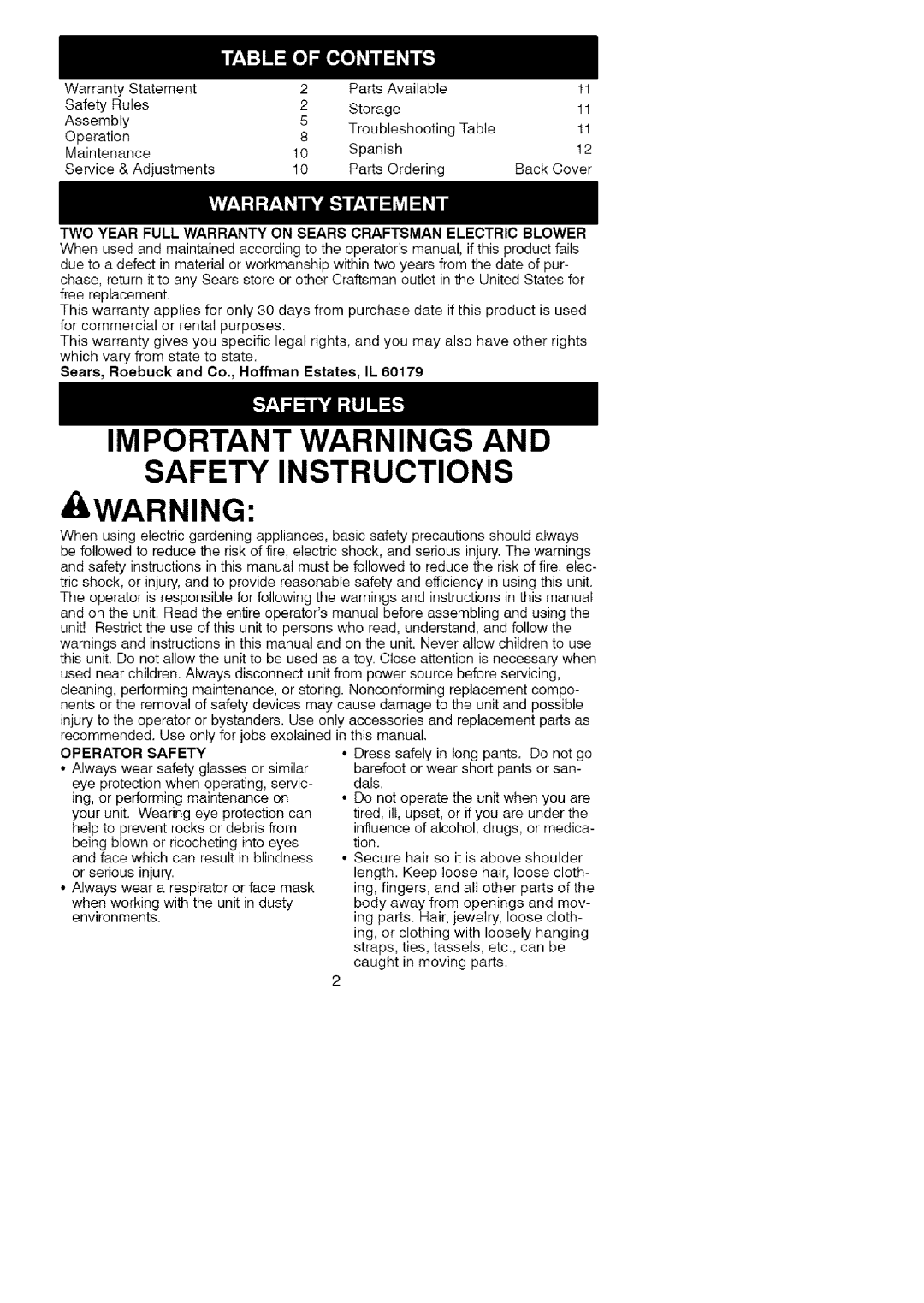 Craftsman 74826 Important Warnings and Safety Instructions, TWO Year Full Warranty on Sears Craftsman Electric Blower 