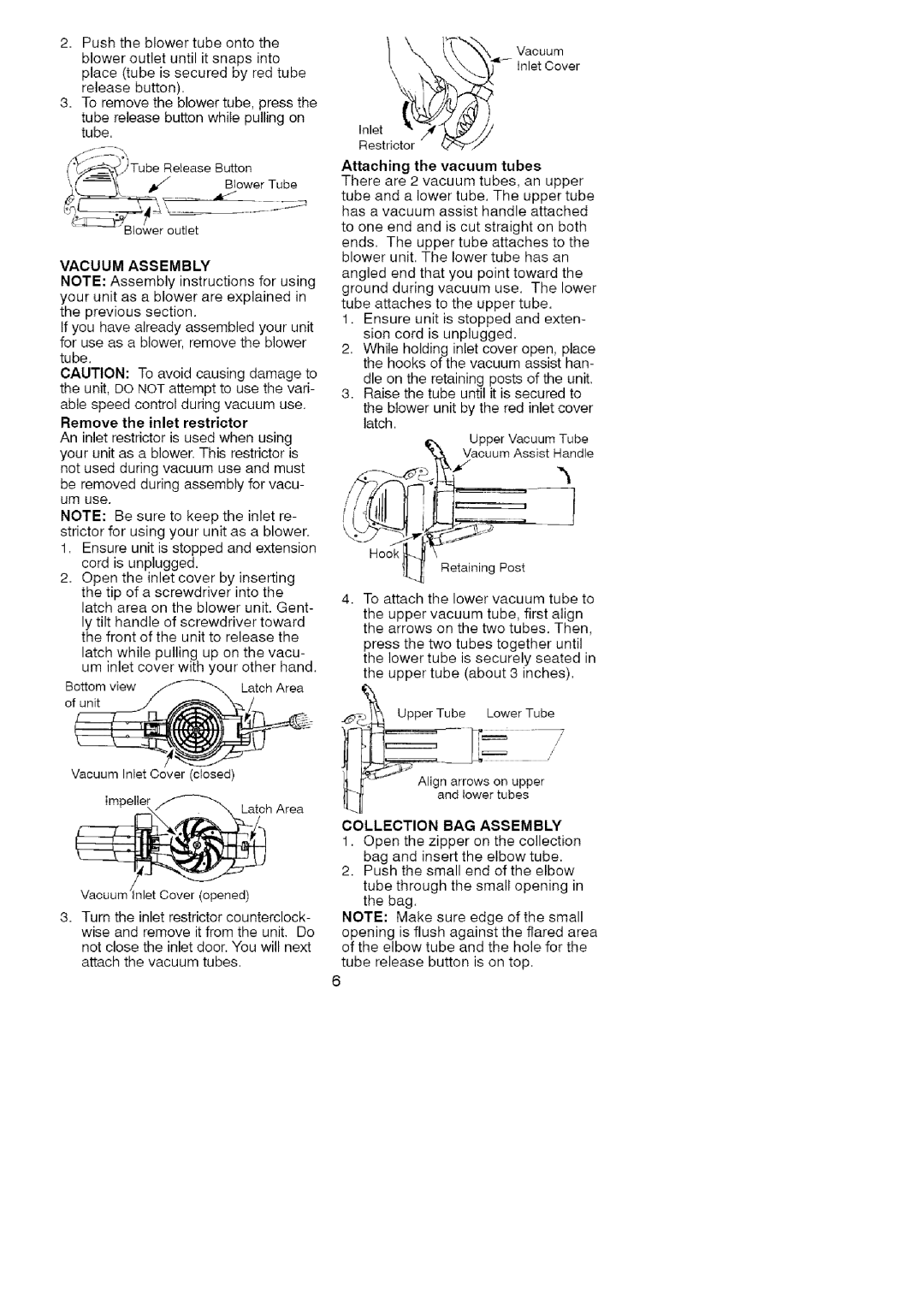 Craftsman 358.748260 manual Tube ReleaseButton Attaching the vacuum tubes, Vacuum Assembly, Collection BAG Assembly 