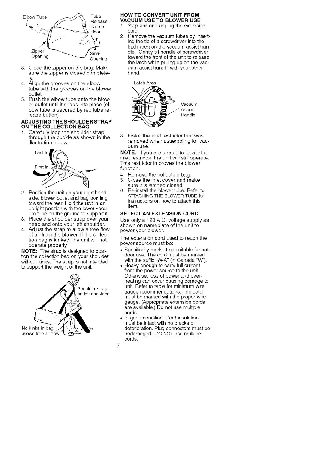 Craftsman 358.748260 manual ElbowTubeTube Release Button Hole Zipper, HOW to Convert Unit from Vacuum USE to Blower USE 