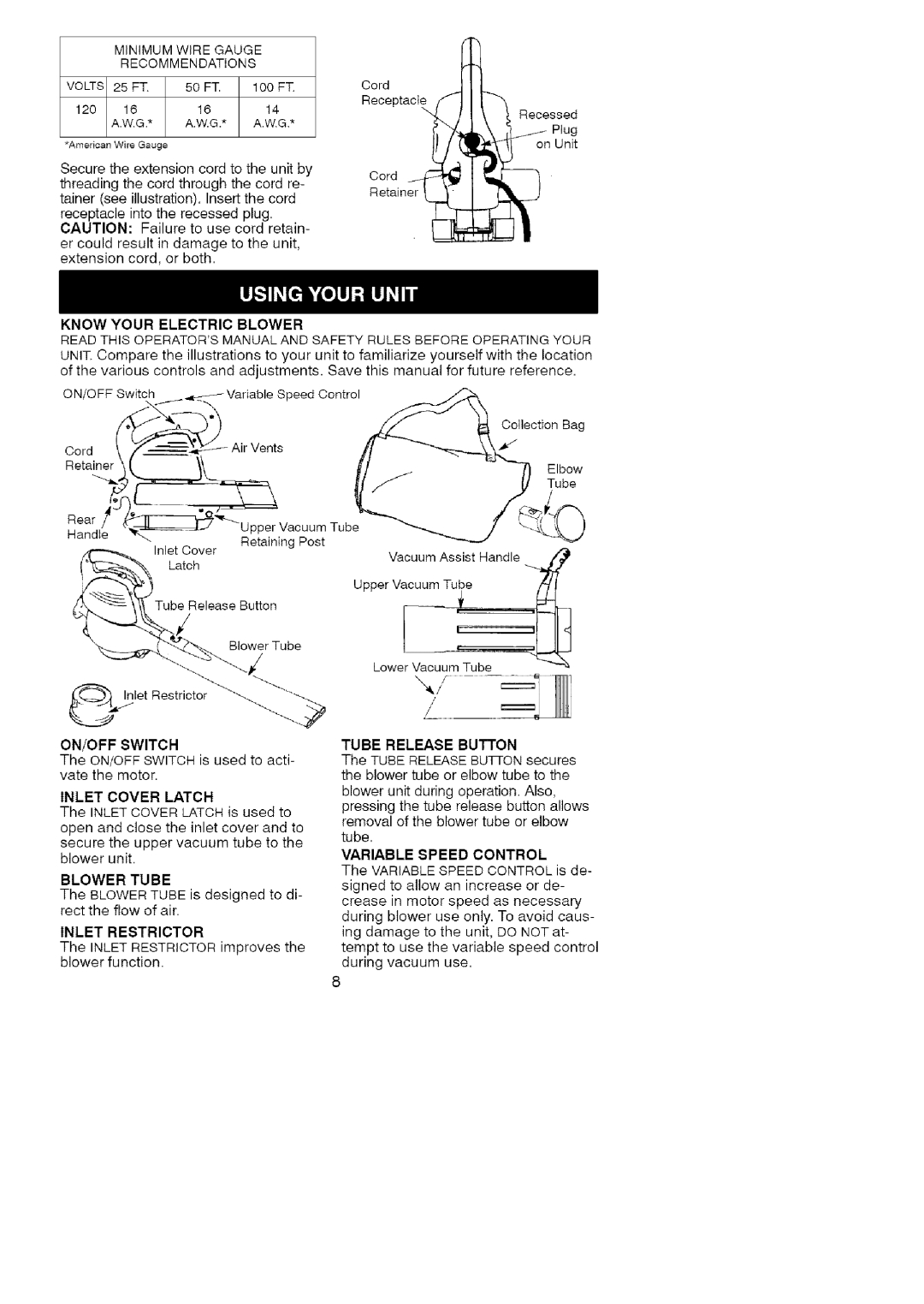 Craftsman 358.748260 manual Know Your Electric Blower, Tube Release Button 