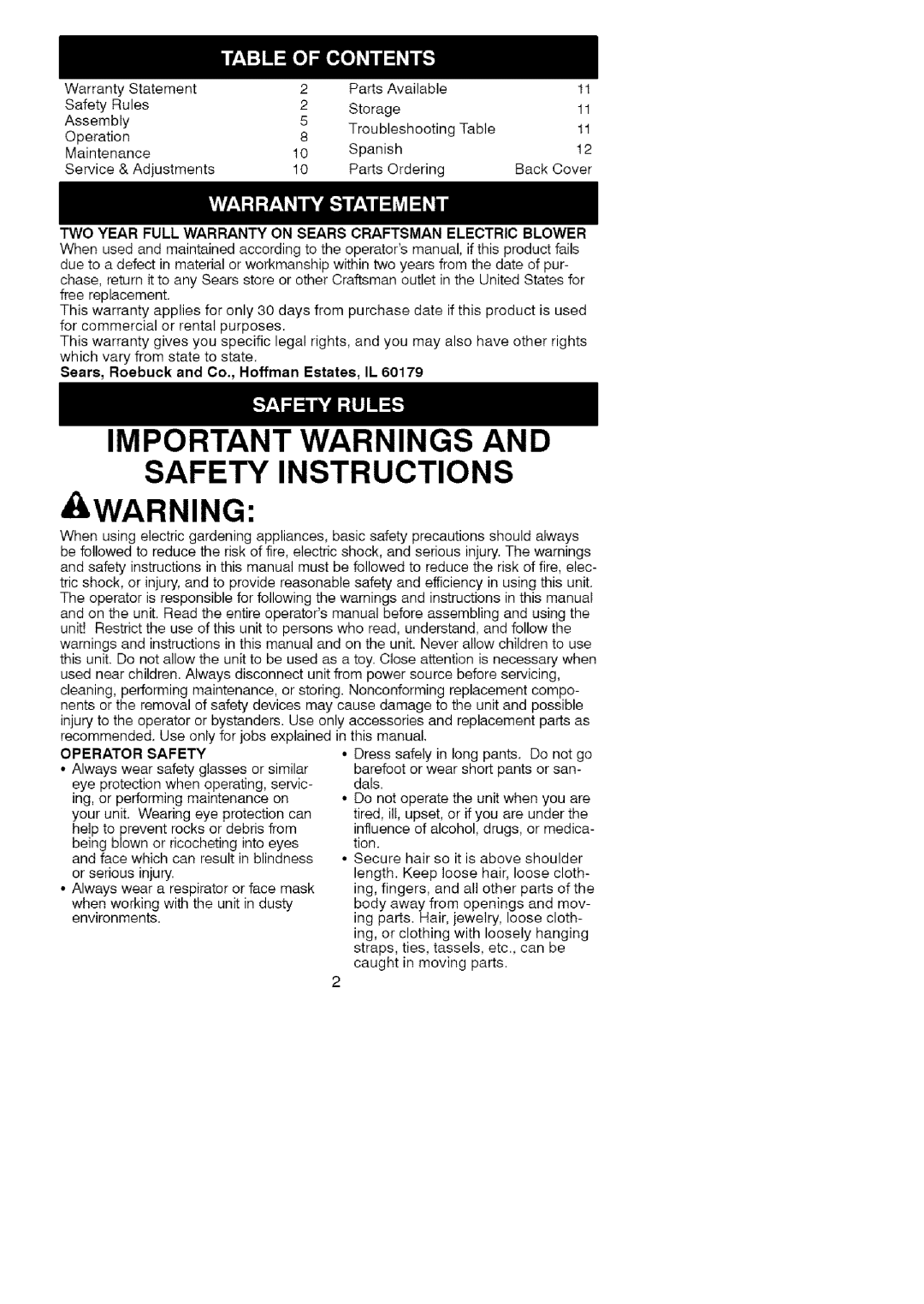 Craftsman 74826 manual Important Warnings And Safety Instructions, Awarning, Sears, Roebuck and Co., Hoffman Estates, IL 