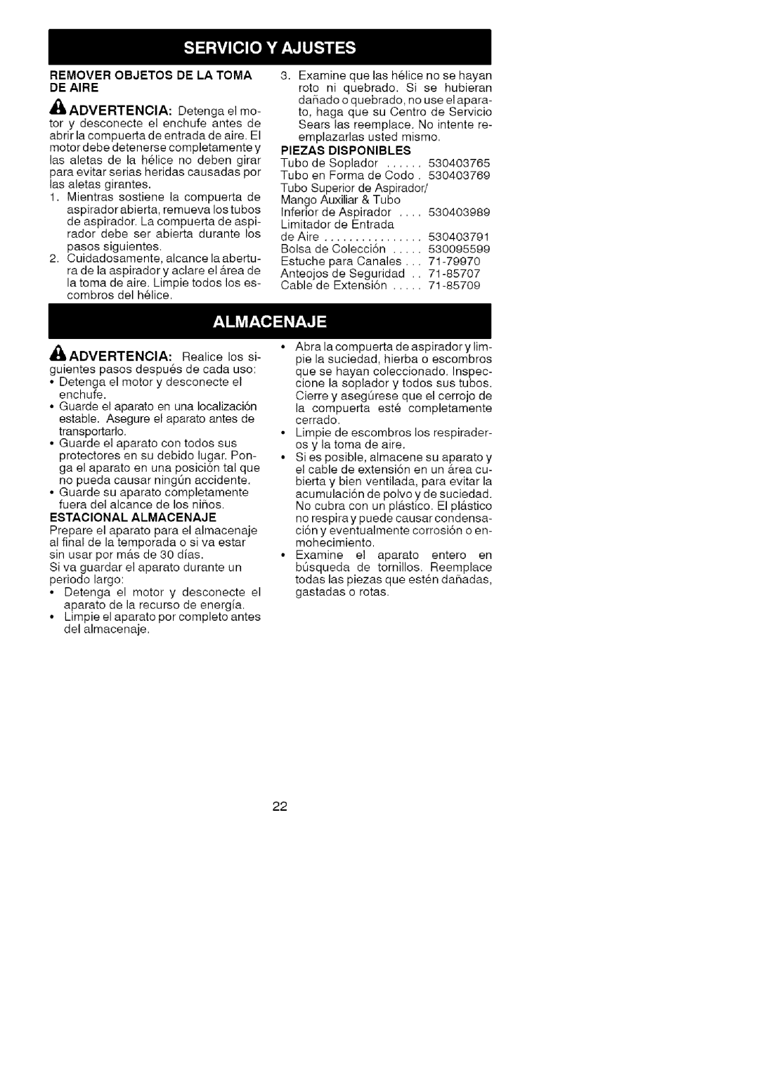 Craftsman 358.748260 manual Remover Objetos De La Toma De Aire, Piezas Disponibles 