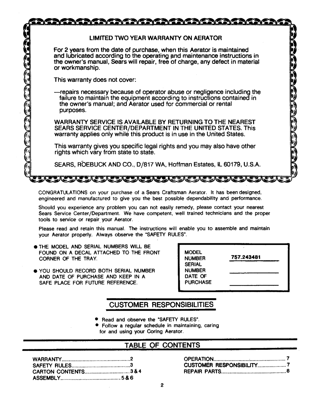 Craftsman 757.243481 owner manual Customer Responsibilities, Contents 