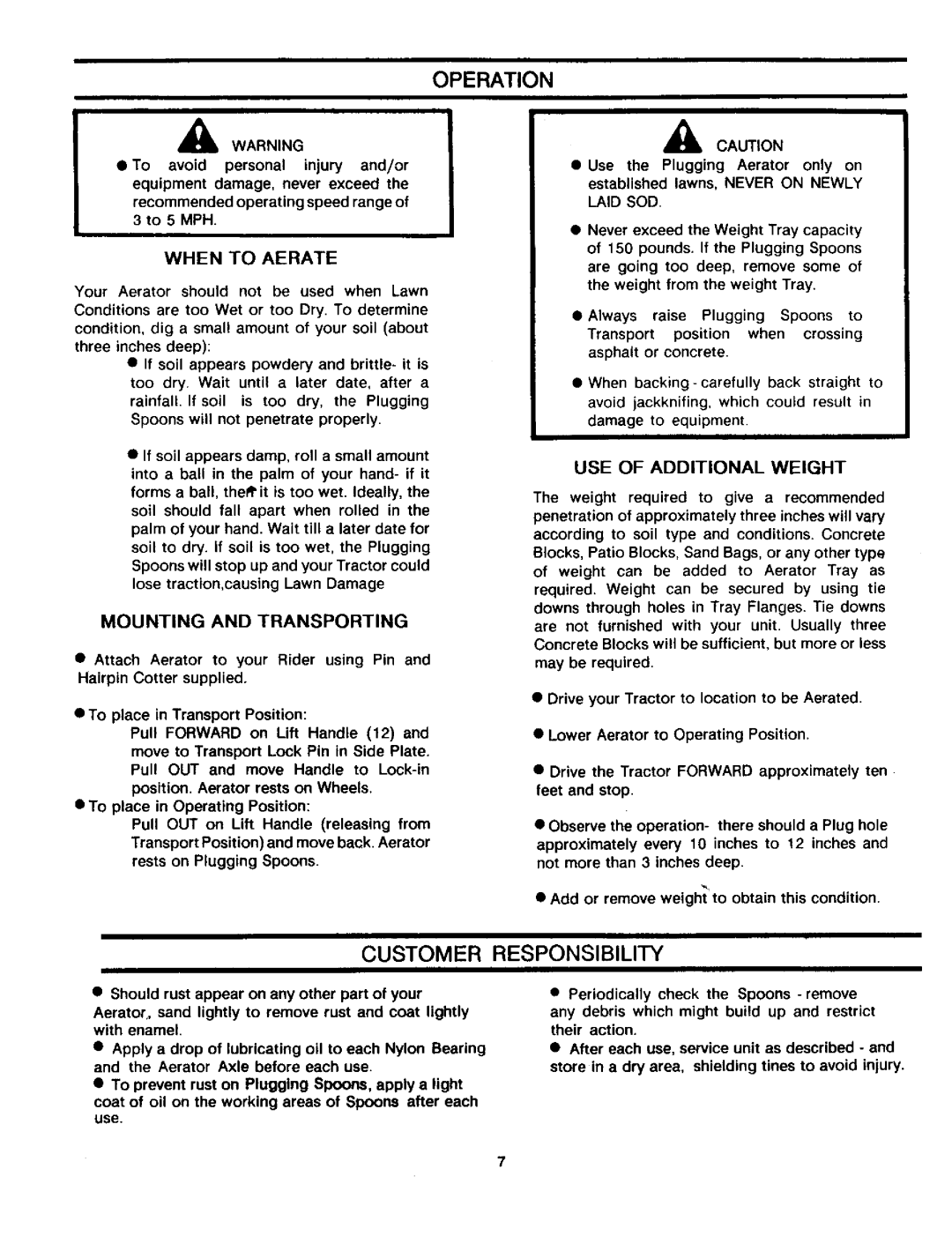 Craftsman 757.243481 owner manual Operation, When to Aerate, Mounting and Transporting, Laid SOD, USE of Additional Weight 