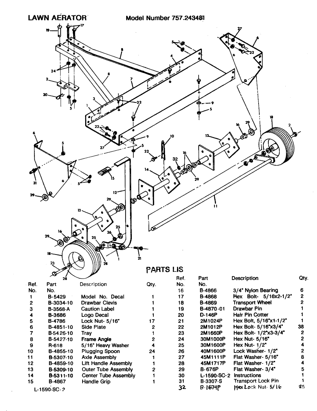 Craftsman 757.243481 owner manual Lawn AI Rator, Lis, Part, 1590-SC-2 