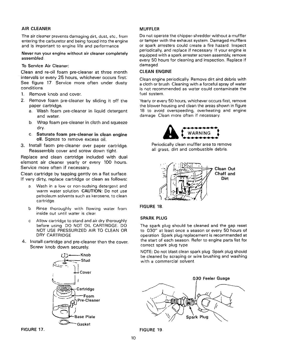 Craftsman 770-5875B, 247.796890 manual To Service Air Cleaner, Clean Out Chaff, Dirt, Feeler Guage 