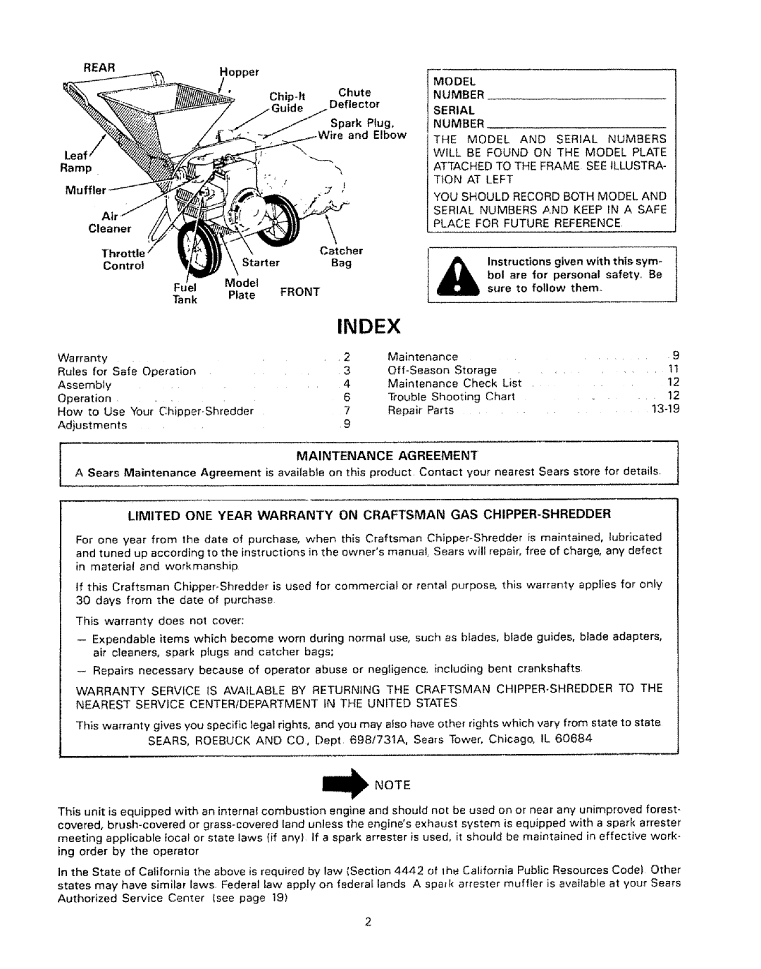 Craftsman 247.796890, 770-5875B Maintenance Agreement, Limited ONE Year Warranty on Craftsman GAS CHIPPER-SHREDDER, Rear 